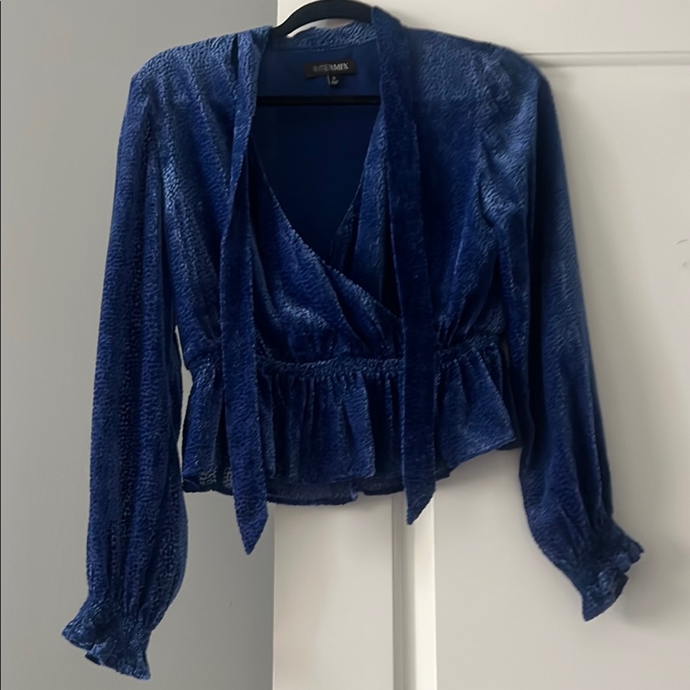 INTERMIX Blue Wrap Peplum Blouse
